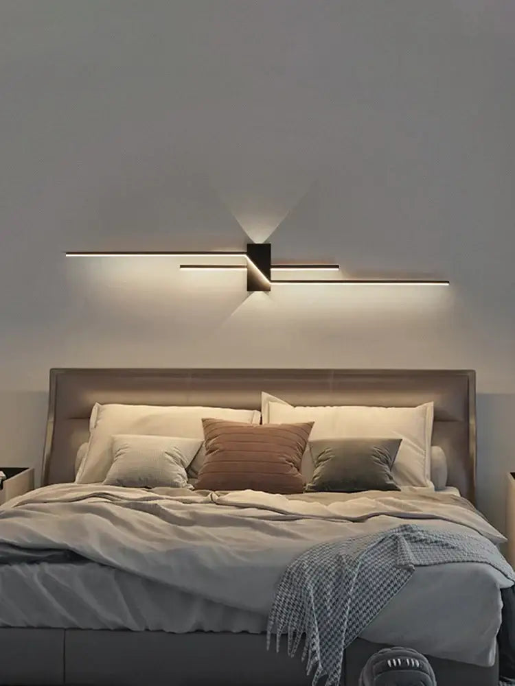 Modern minimalist black led wall lamp strip with sleek horizontal bars and geometric accent for living room walls