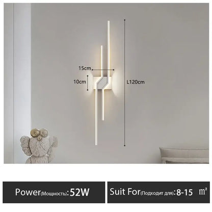 Modern minimalist black led wall lamp strip with white acrylic and metal arms emitting warm glow for living room