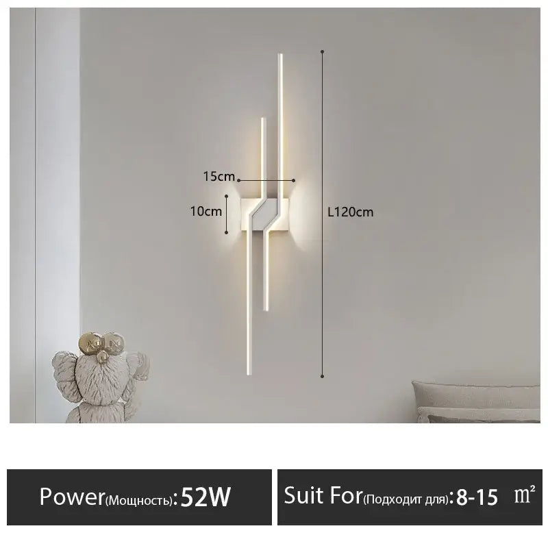 Modern minimalist black led wall lamp strip with white acrylic and metal arms emitting warm glow for living room