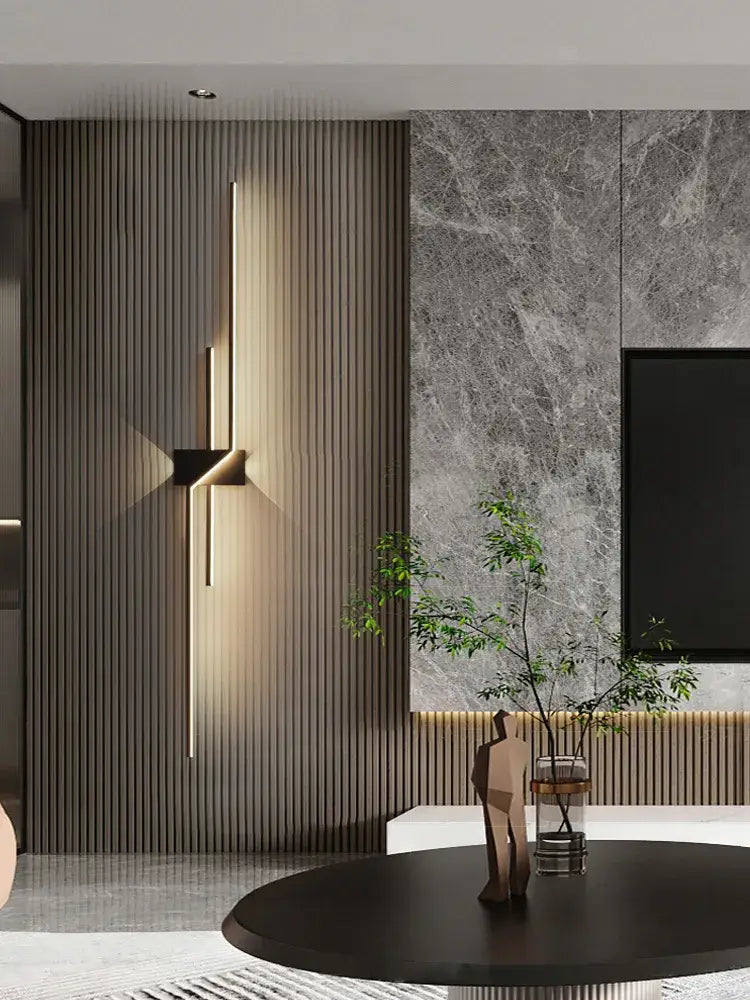 Modern minimalist black led wall lamp strip with sleek vertical led strips and geometric base on textured wood paneling