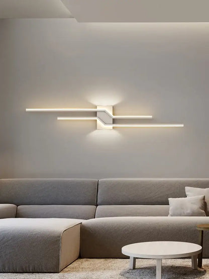 Modern white led wall lamp strip with sleek angular design and intersecting horizontal bars for living room use