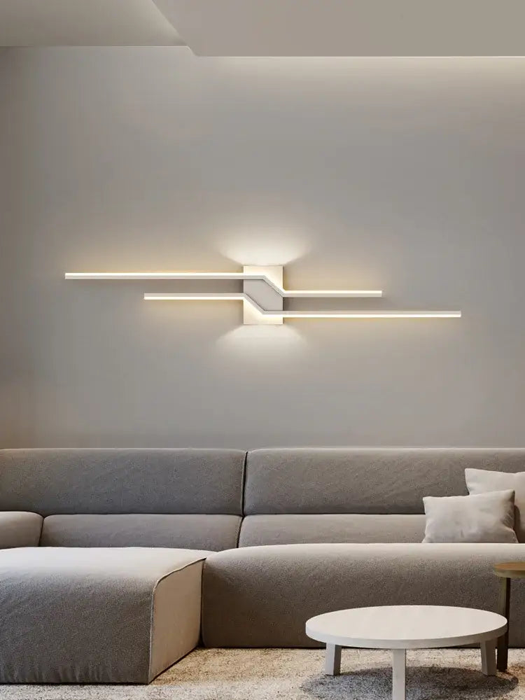 Modern white led wall lamp strip with sleek angular design and intersecting horizontal bars for living room use