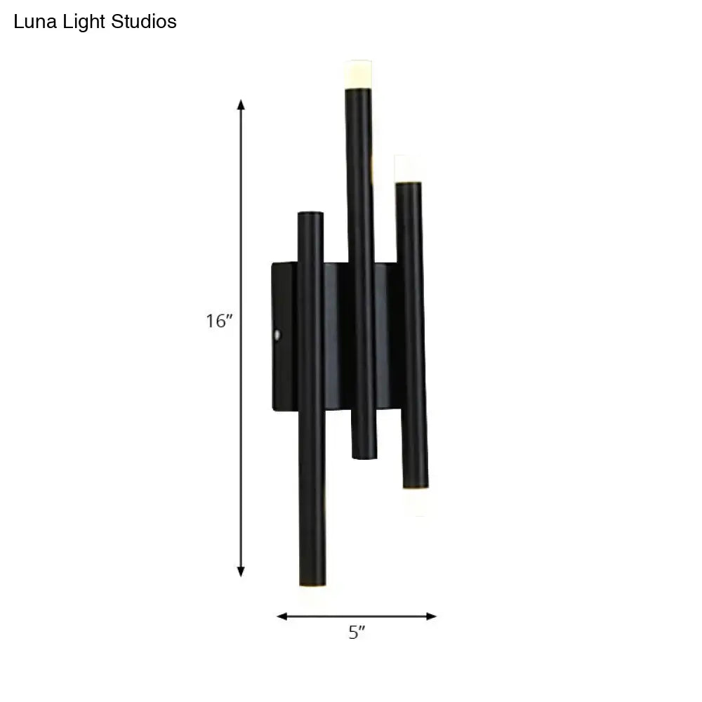 Modern minimalist black led wall lamp with three vertical cylindrical frosted glass shades and hallway light options