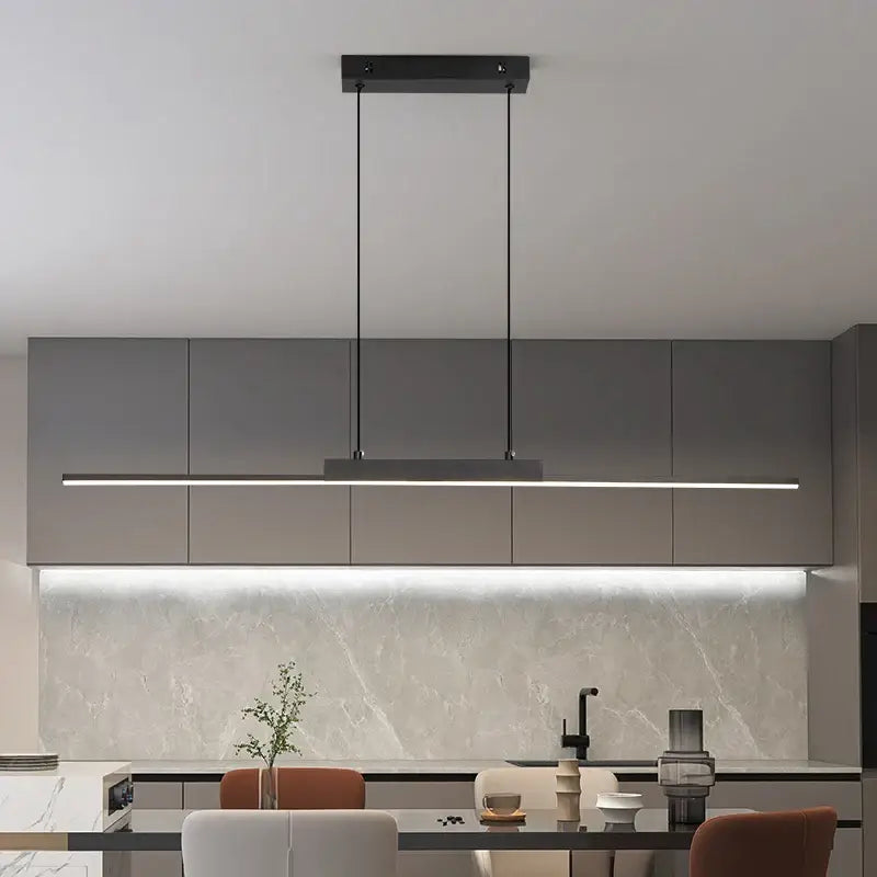 Modern minimalist black linear pendant light with sleek rectangular design ideal for dining room lighting