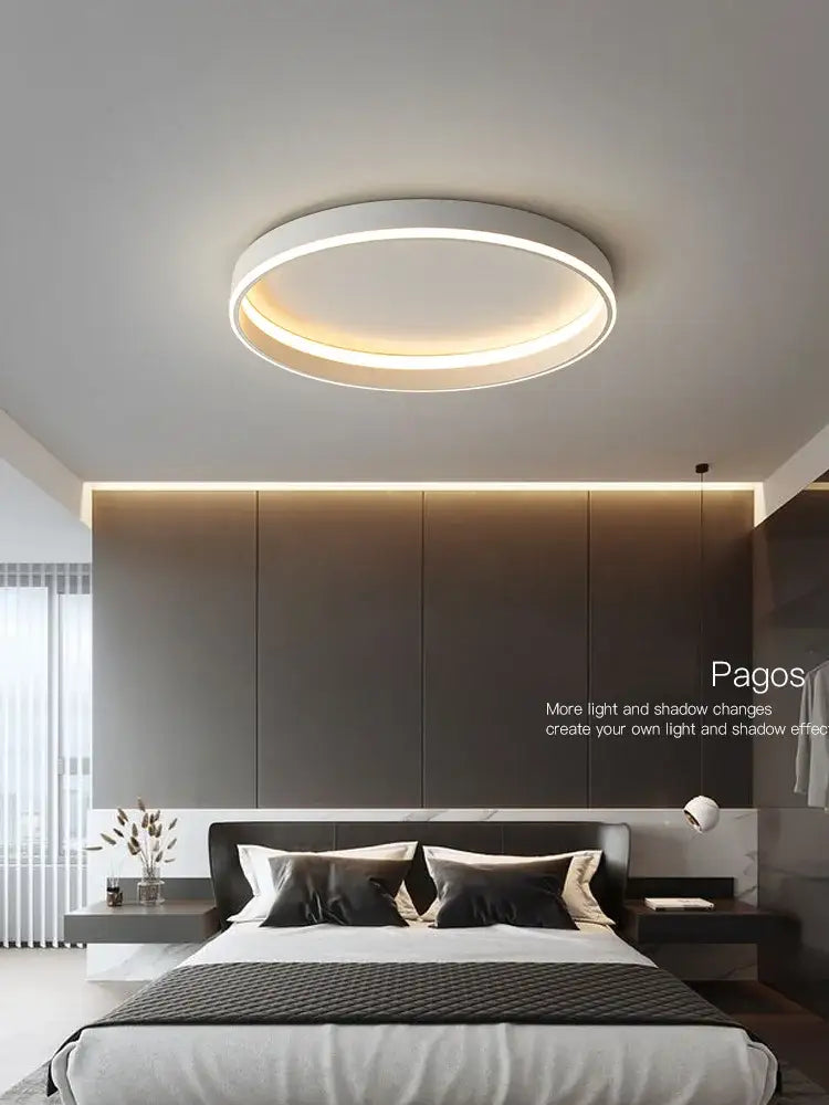 Modern minimalist black ring led ceiling lights with sleek white finish and warm ambient glow for bedroom lamp ceiling