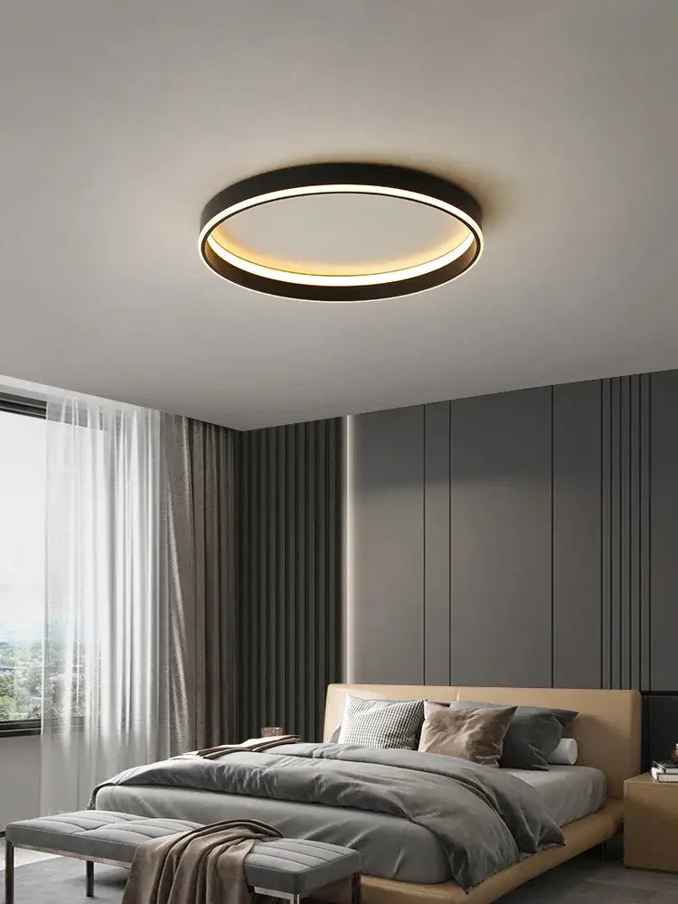 Modern minimalist black ring led ceiling lights with sleek frame and warm glow ideal for bedroom lamp ceiling use