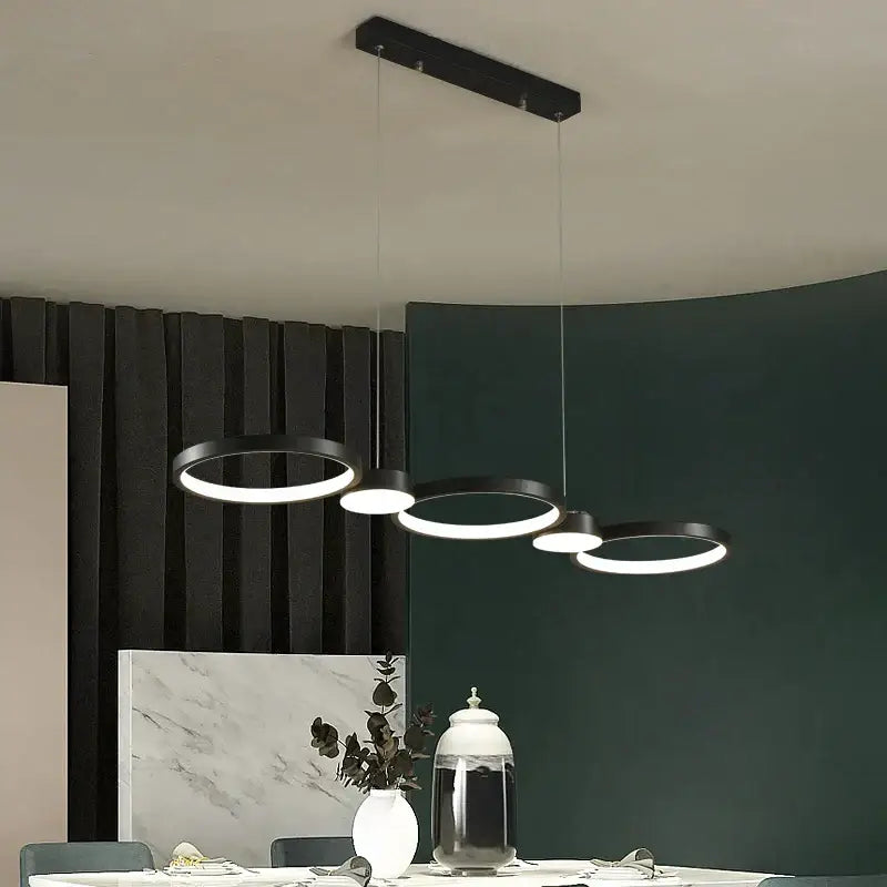 Modern minimalist black ring led chandelier featuring sleek circular pendant lights for living room and dining hall decorbites black ring