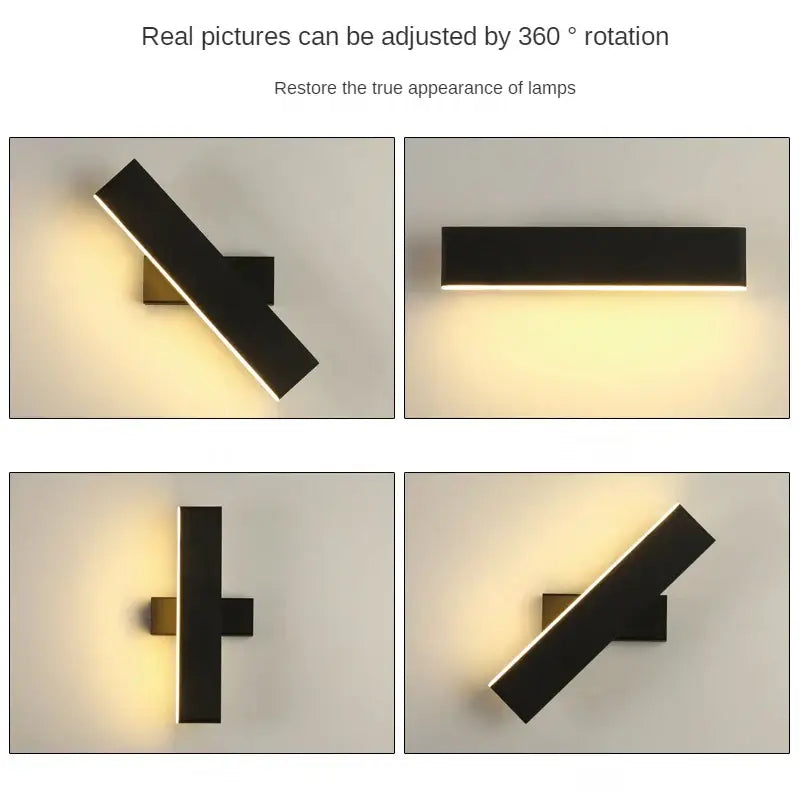 Modern minimalist black rotate wall lamp with two intersecting bars emitting warm light for bedside reading