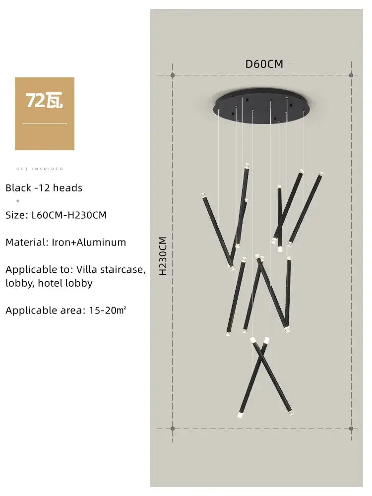 Black round tube led chandelier with 12 angular light heads suspended from iron and aluminum ceiling mount
