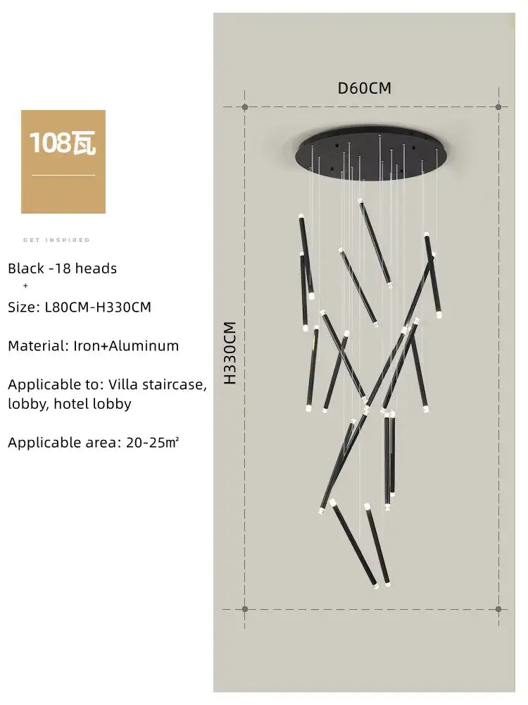 Modern minimalist black round tube led chandelier with 18 slender iron and aluminum light heads for staircase decorbites black round