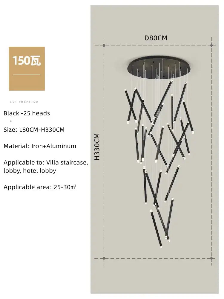 Modern minimalist black round tube led chandelier with 25 slender intersecting iron and aluminum arms for staircase decorbites black round