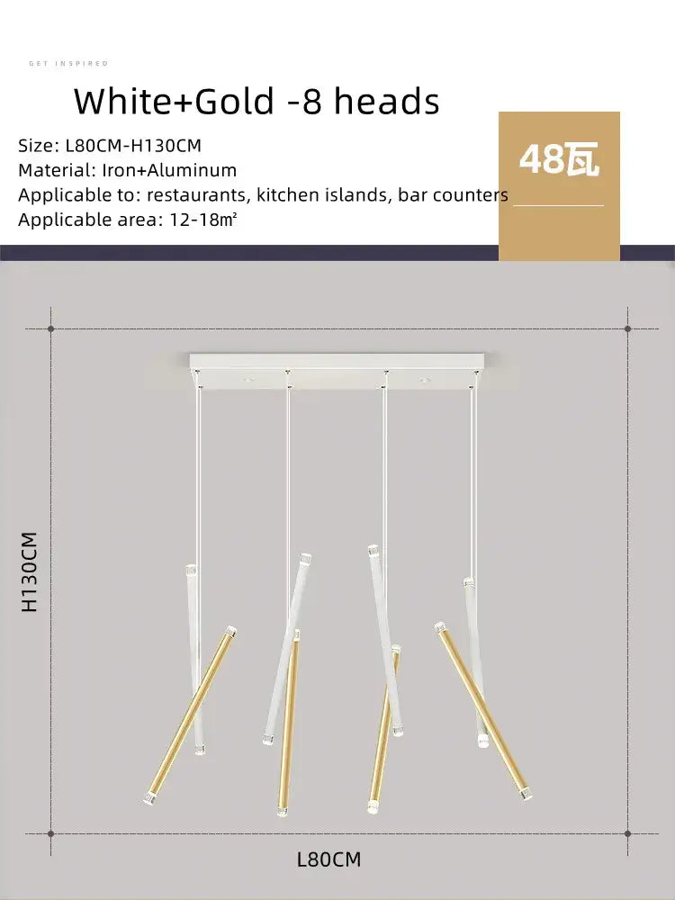 Modern minimalist black round tube led chandelier with white and gold pendant light and eight angled arms