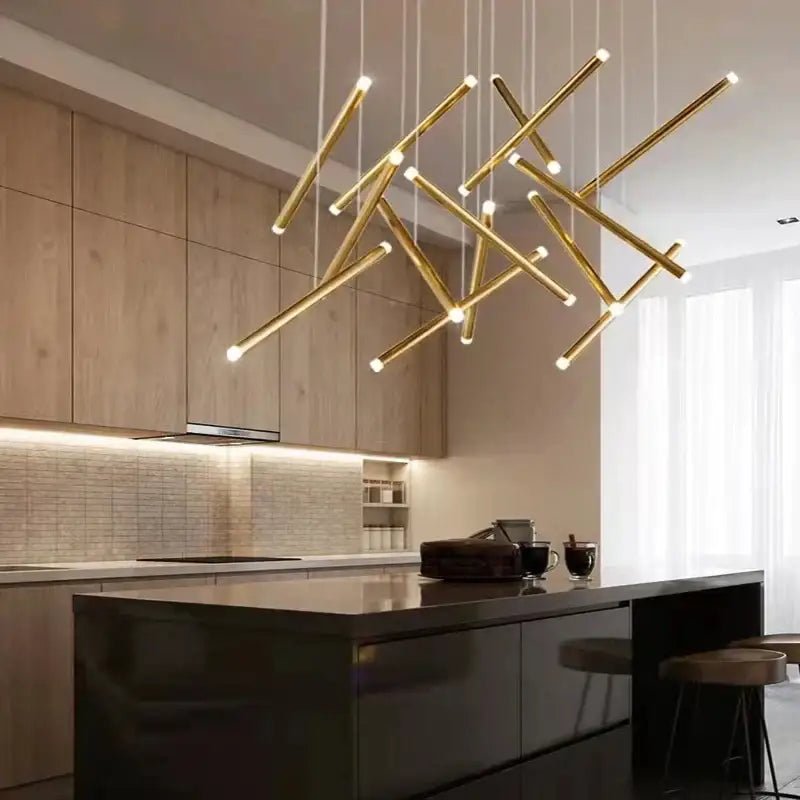 Modern minimalist black round tube led chandelier with gold-toned geometric rods and embedded LED lights for staircase decorbites black round