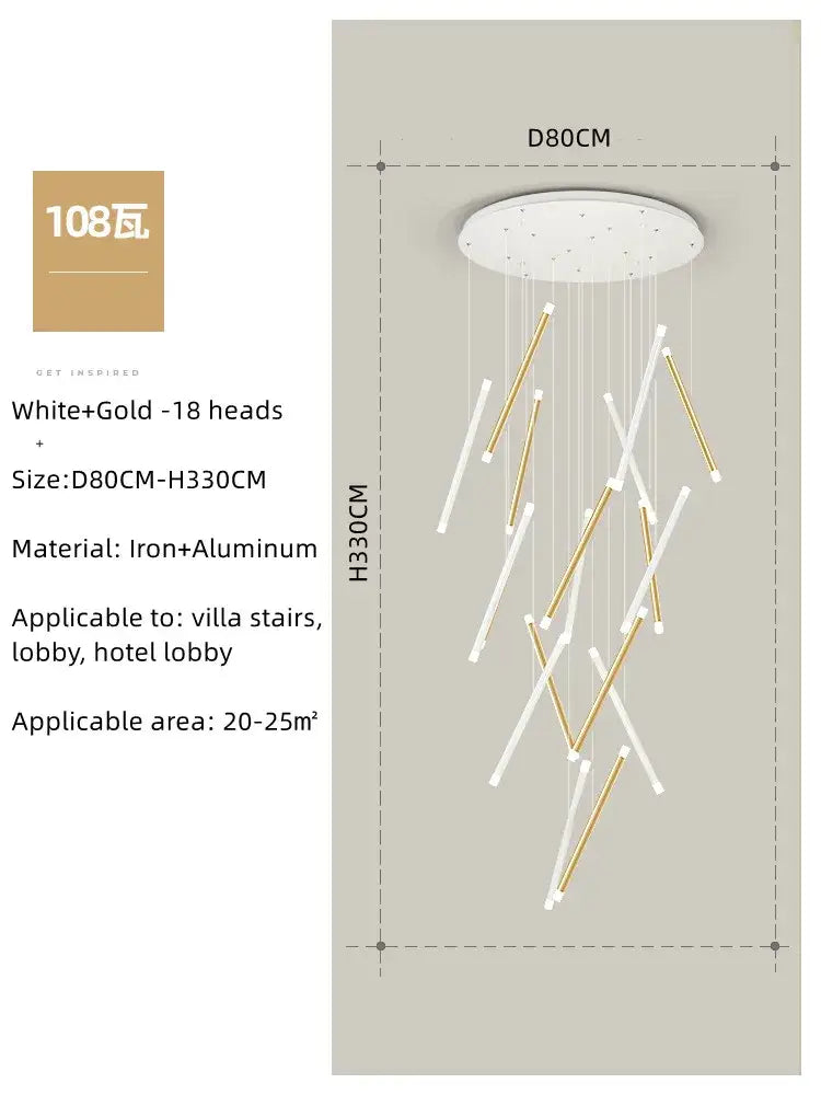 Modern minimalist decorbites black round tube led chandelier with white circular mount and 18 white gold iron aluminum rods