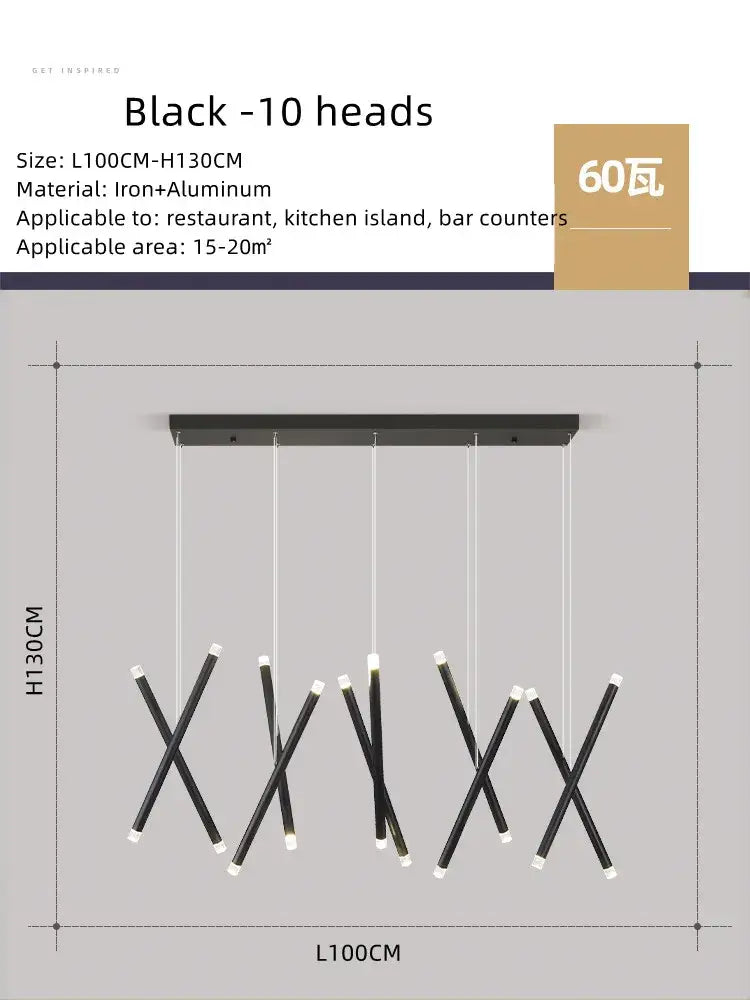 Modern minimalist black round tube led chandelier with ten iron and aluminum x-shaped arms and white led bulbs for decorbites black round