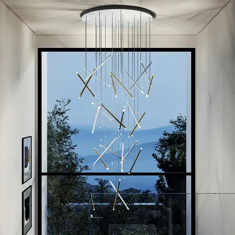 Modern minimalist black round tube led chandelier with slender metallic rods and clear acrylic decorbites black round design