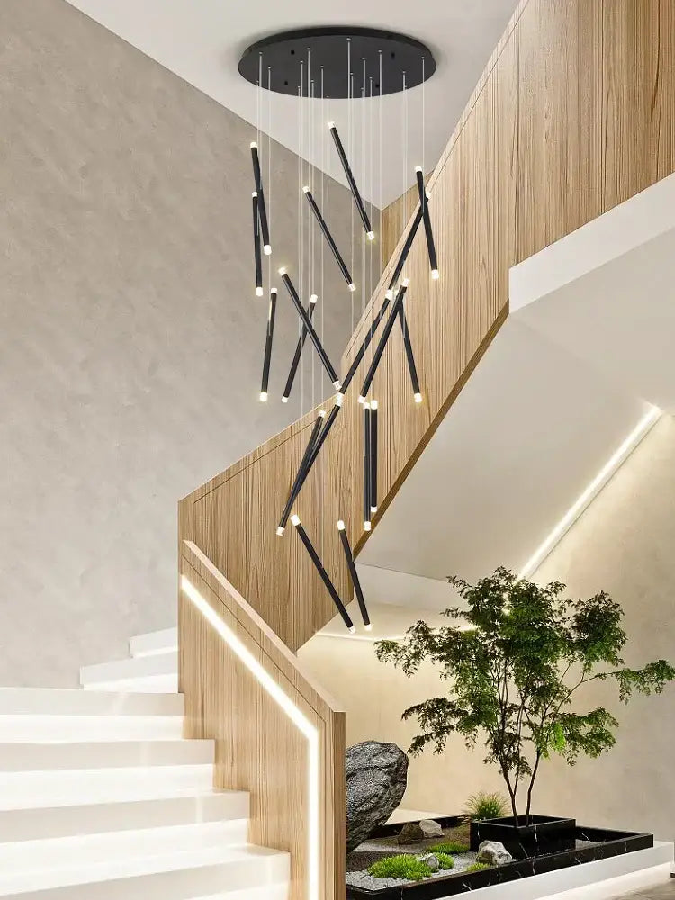 Modern minimalist black round tube led chandelier with decorbites black round pendant lights in asymmetrical arrangement