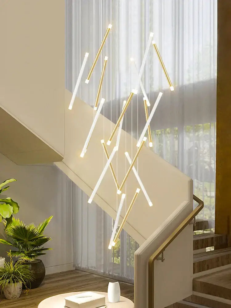 Modern minimalist black round tube led chandelier with gold and white rods in cascading pattern for staircase decorbites black round