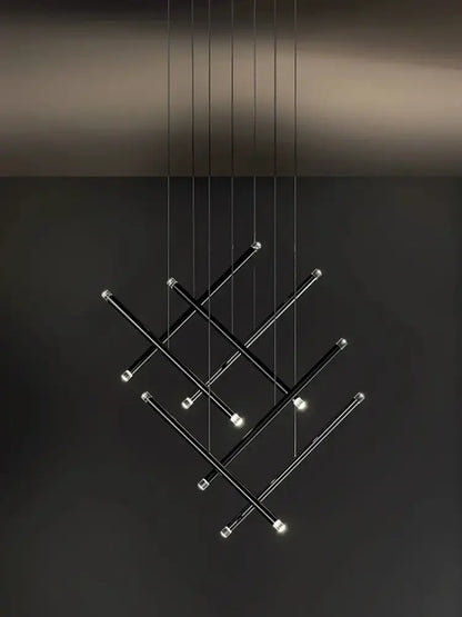 Modern minimalist black round tube led chandelier with intersecting rods and embedded lights for staircase decorbites black round
