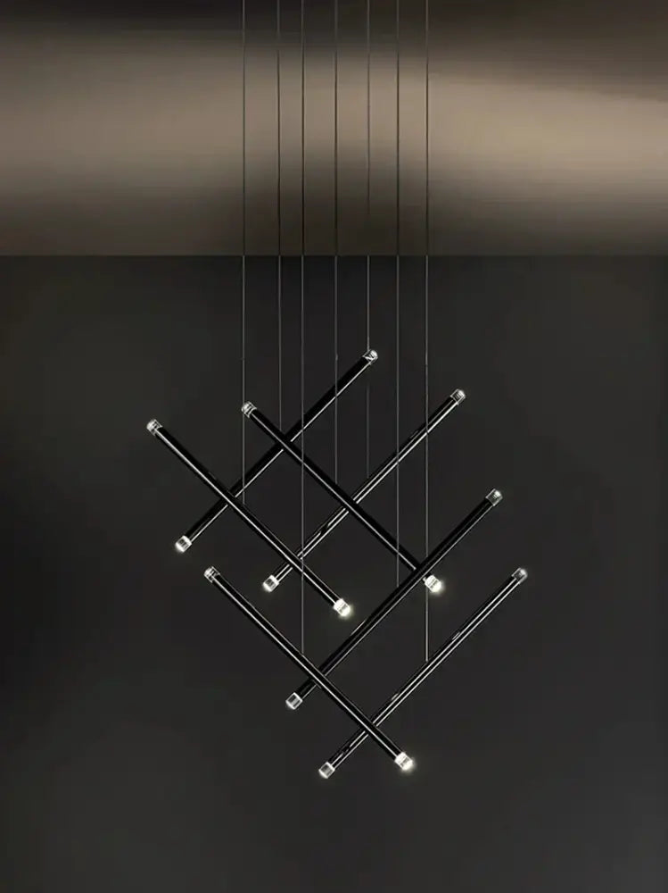 Modern minimalist black round tube led chandelier with intersecting rods and embedded lights for staircase decorbites black round