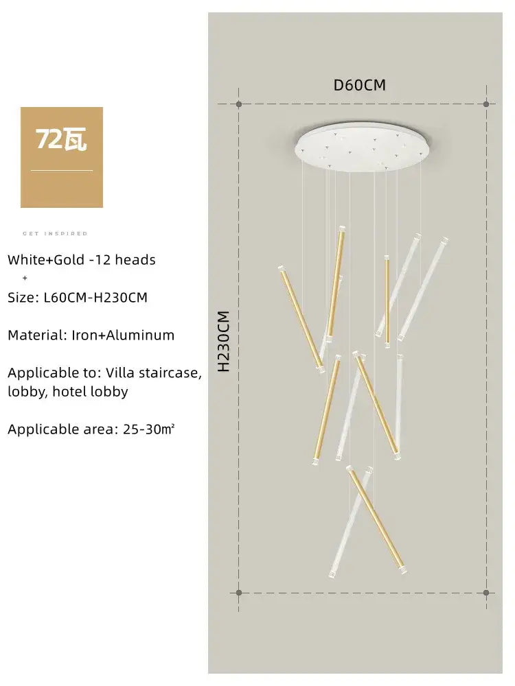 Modern minimalist black round tube led chandelier with white ceiling mount and twelve gold and clear rods in iron and aluminum
