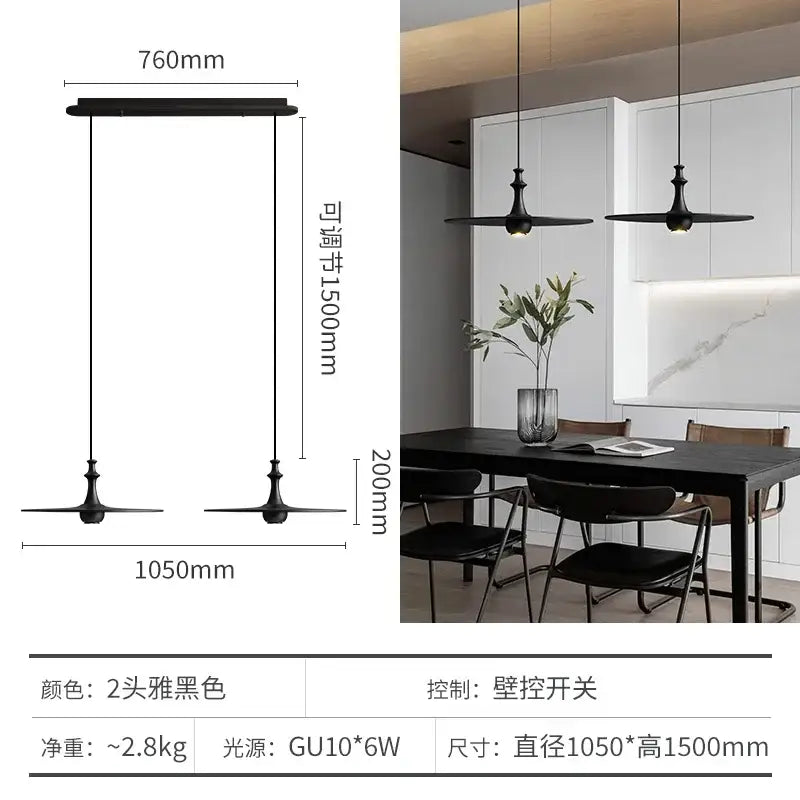 Modern minimalist black solid wood pendant lights with black matte finish and two downward lamp heads for dining room decorbites