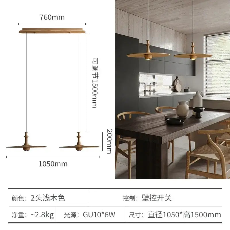 Modern minimalist black solid wood pendant lights with flat disc shade and slender rods ideal for dining room decorbites
