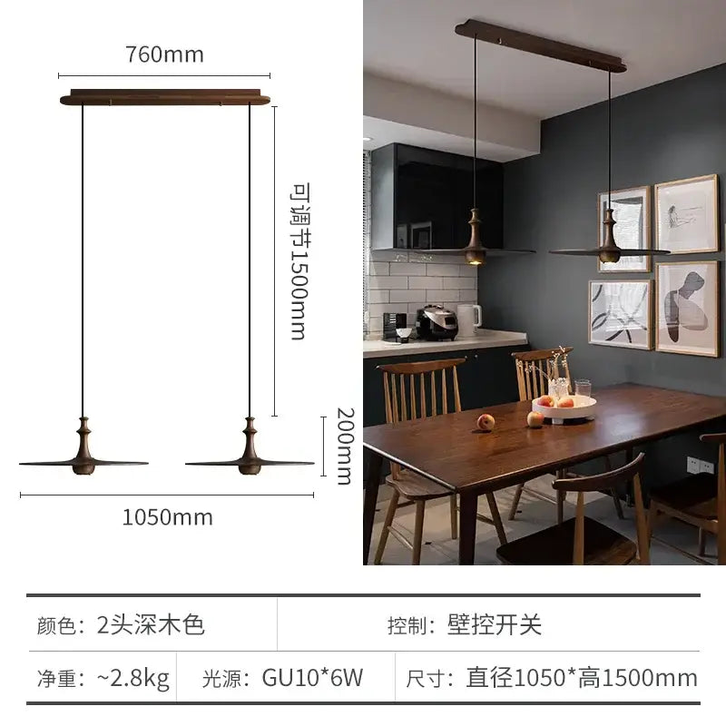 Modern minimalist black solid wood pendant lights featuring dark wood two-head design with adjustable height for dining room decorbites black solid