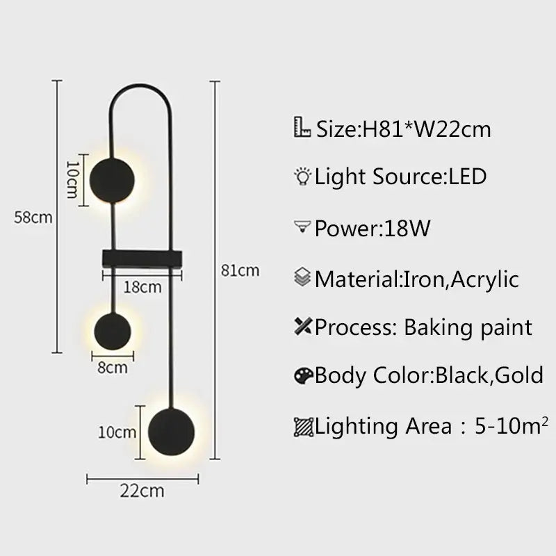 Modern minimalist black and gold led wall light with three spherical lights and curved iron frame for bedroom decorbites led wall