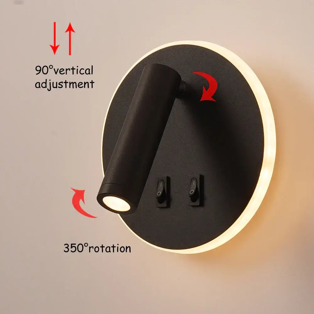 Black circular wall lamp with sleek modern design featuring decorbites adjustable wall led illumination for bedroom decor