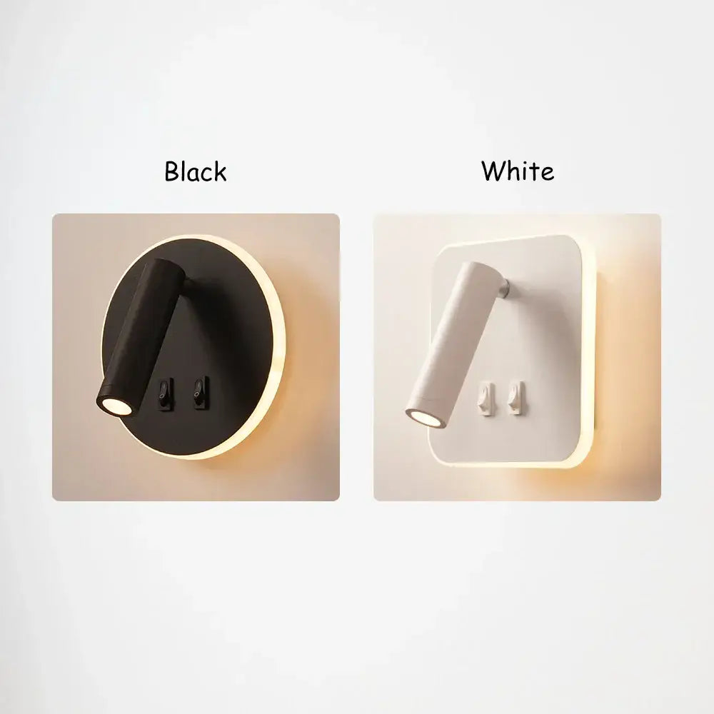 Modern minimalist black and white adjustable wall lamp with circular base and integrated led lighting for bedroom decorbites