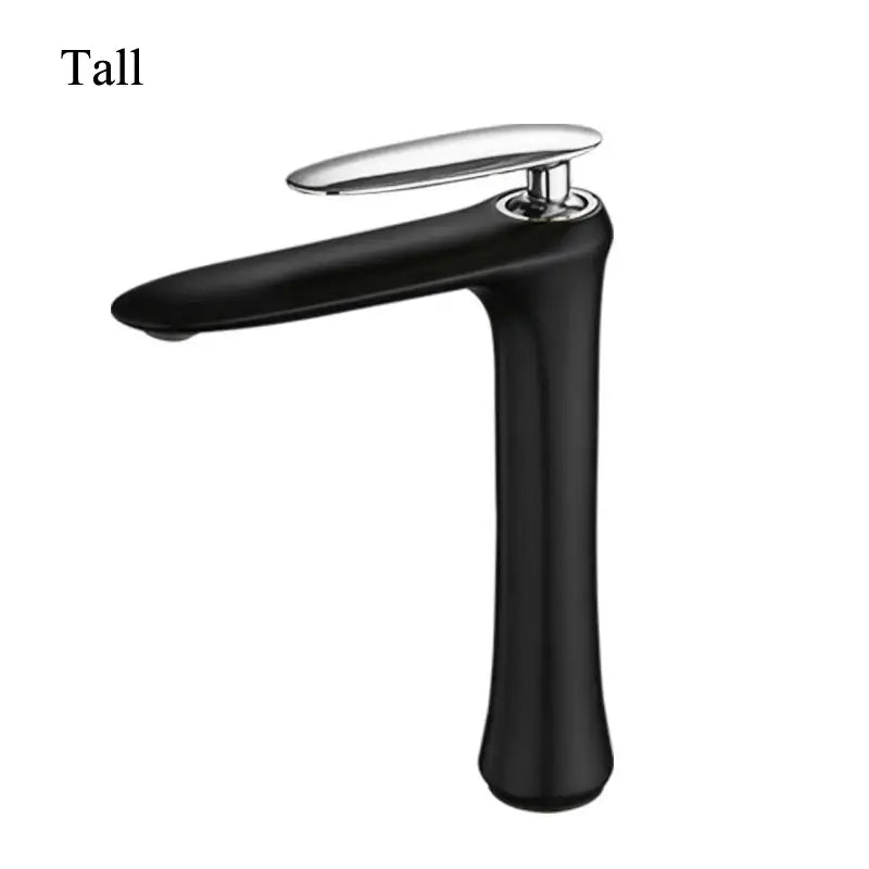 Modern minimalist black and white brass bathroom faucet with black matte finish and polished chrome handle by decorbites black