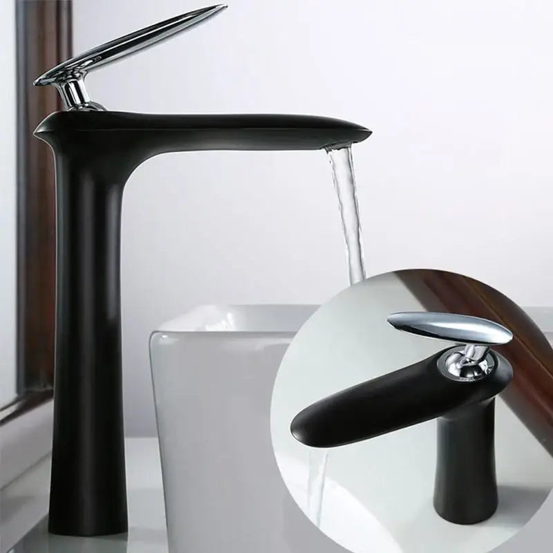 Modern minimalist black and white brass bathroom faucet with black matte finish and chrome accents by decorbites black
