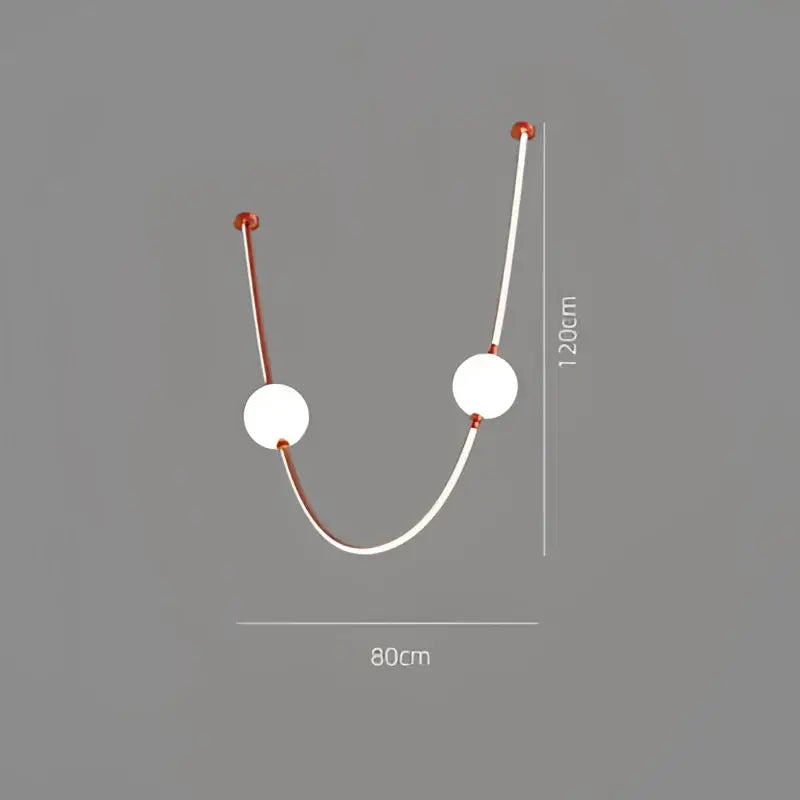 Modern minimalist white curved ceiling chandelier with copper fixtures and two spherical bulbs colorized led dimmable