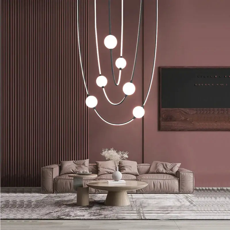 Modern minimalist black and white colorized led dimmable ceiling chandelier with spherical bulbs and curved metallic wires