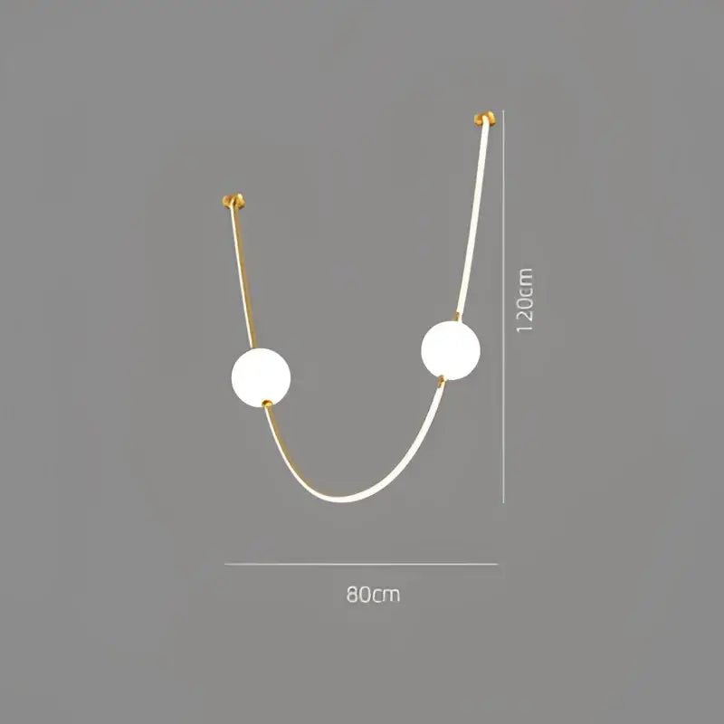 Modern minimalist ceiling chandelier with two white spherical bulbs and gold-toned metal arms colorized led dimmable decorbites