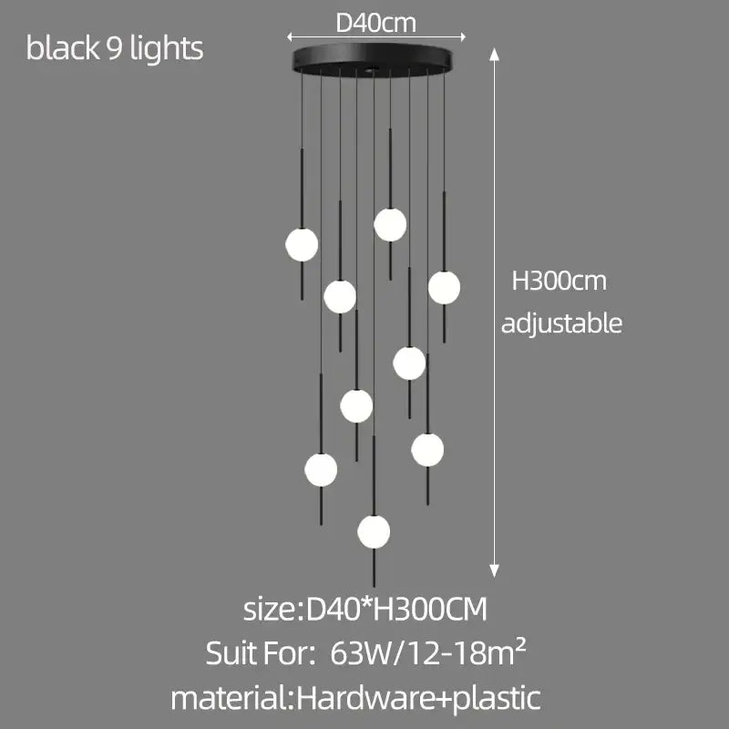 Modern minimalist black pendant chandelier with nine white spherical lights by decorbites creative led for living room decor