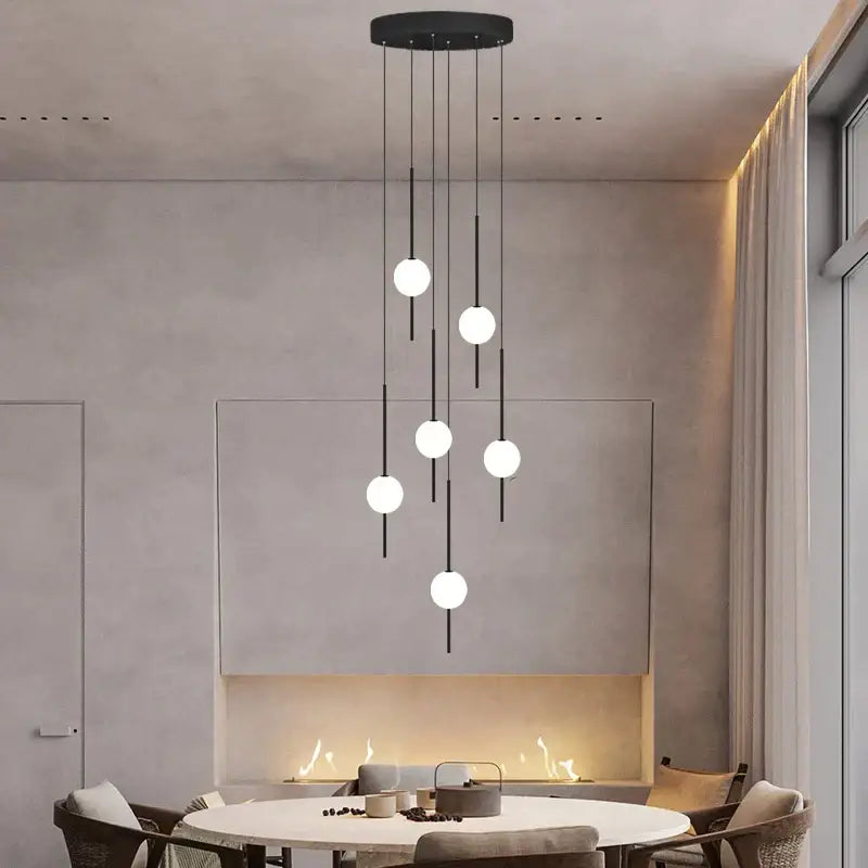 Modern minimalist black and white creative led chandelier with spherical glass bulbs by decorbites creative for living room decor