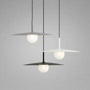 Modern minimalist black and white decorbites flying saucer dining room light with matte iron disc shades and frosted glass globes