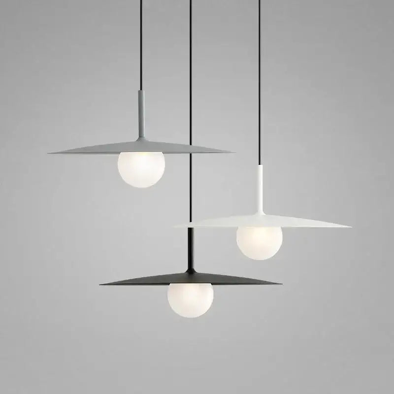 Modern minimalist black and white decorbites flying saucer dining room light with matte iron disc shades and frosted glass globes