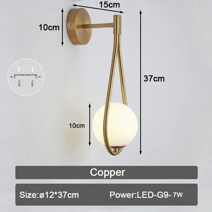 A modern copper led wall lamp with a sleek curved arm and frosted glass ball for minimalist bedroom lighting