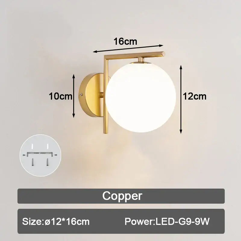 Gold copper wall lamp with frosted glass ball shade modern minimalist led wall lamp for bedroom lighting