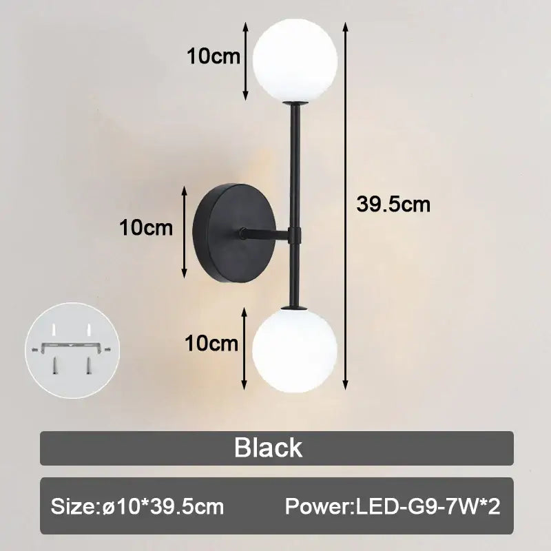 Modern minimalist black led wall lamp with frosted glass ball shades for bedroom lighting