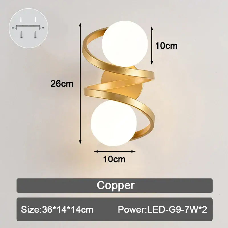 Modern minimalist gold copper spiral wall lamp with frosted glass ball led light bulbs for bedroom use