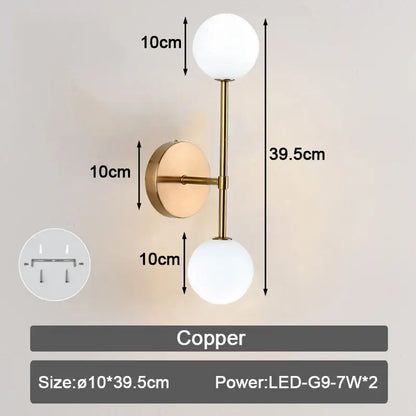 Copper-finished wall lamp with two frosted glass ball shades modern minimalist led wall lamp for bedroom use