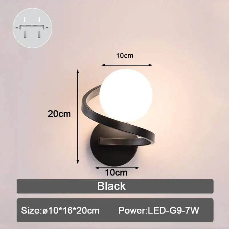 Modern minimalist black led wall lamp with frosted glass ball and spiraling metal frame for bedroom lighting