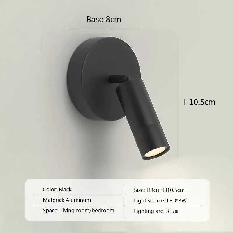 Modern minimalist black aluminum led wall lamp with adjustable spotlight head for bedroom lighting
