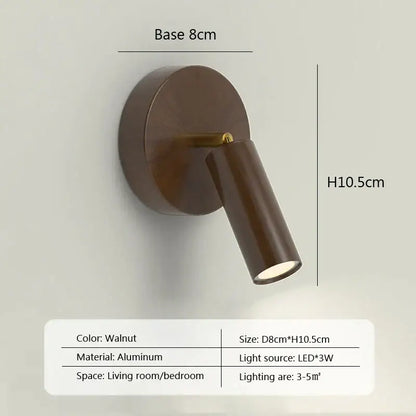 Modern minimalist black and white led wall lamp with walnut-finished aluminum and adjustable spotlight head