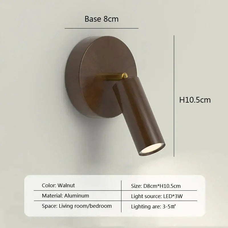 Modern minimalist black and white led wall lamp with walnut-finished aluminum and adjustable spotlight head