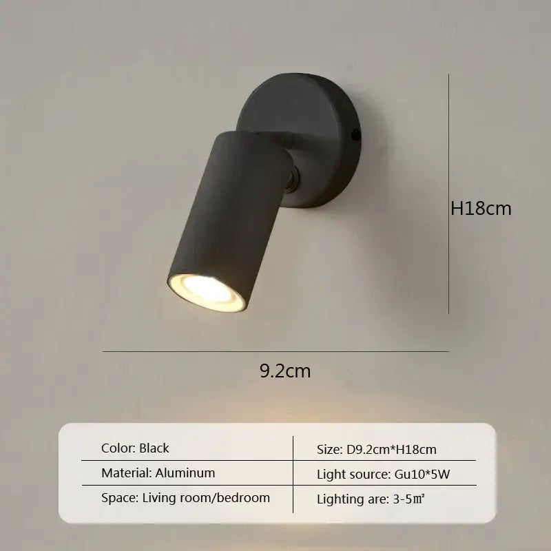 Modern minimalist black aluminum led wall lamp with adjustable spotlight and warm white led light for bedroom use